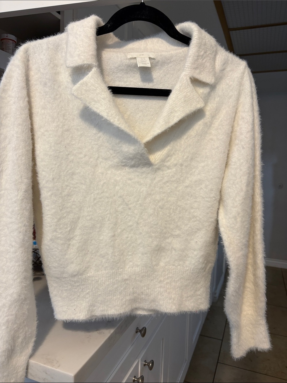 H&M White Fuzzy V-Neck Sweater with Open Collar